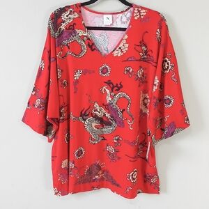 Natori Women Imperial Dragon Print Top Size XL Vneck Wide Sleeve Comfort Casual